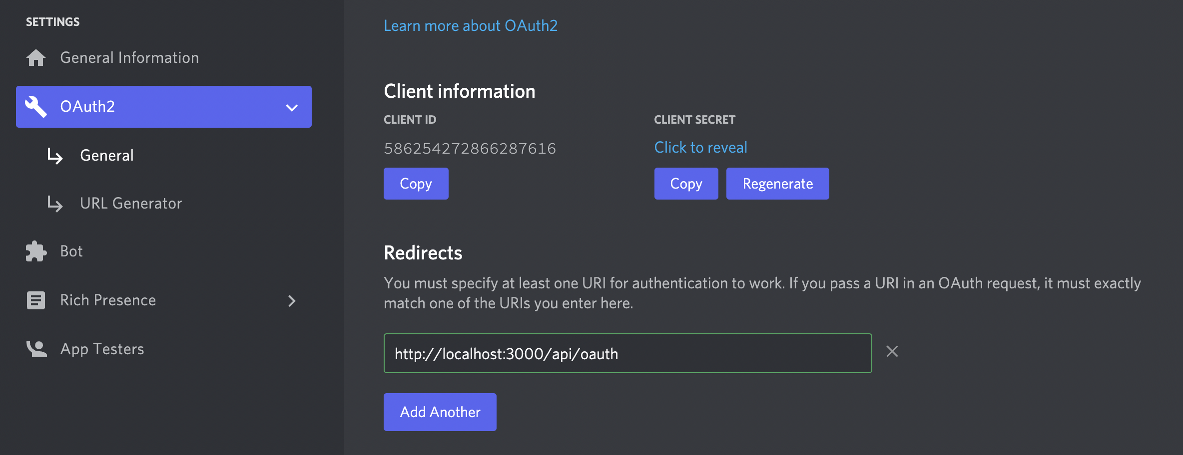 Screenshot of Discord's Developer OAuth page